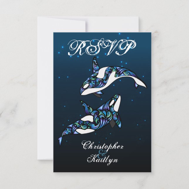 Beautiful Orca Whales Beach Wedding UAWG RSVP Karte (Vorderseite)
