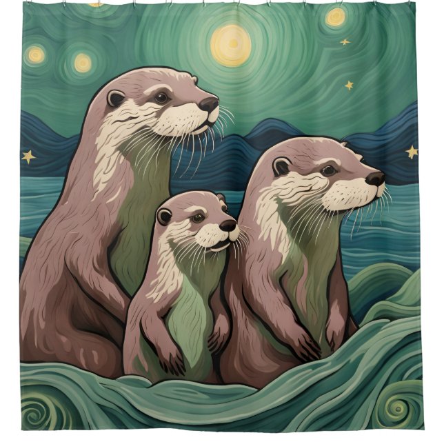 Beautiful Otter Family Van Gogh Style Duschvorhang (Vorderseite)
