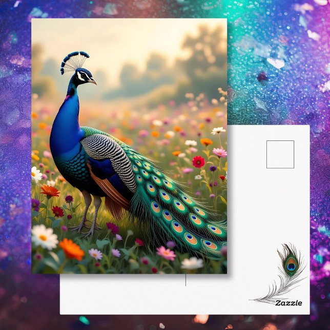 Beautiful Peacock in a Floral Field Postkarte (Von Creator hochgeladen)