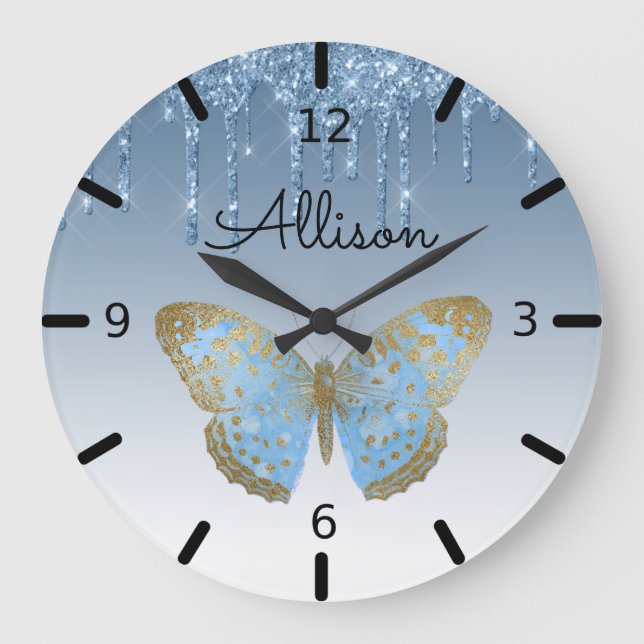 Beautiful Personalized Blue Butterfly Große Wanduhr (Vorderseite)