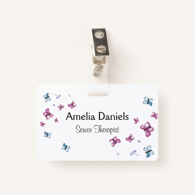 Beautiful Pink and Blue Butterfly Name Tag Ausweis (Vorderseite mit Klammer)