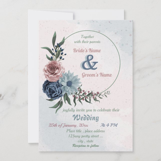 beautiful pink blue floral greenery wreath wedding einladung (Vorderseite)