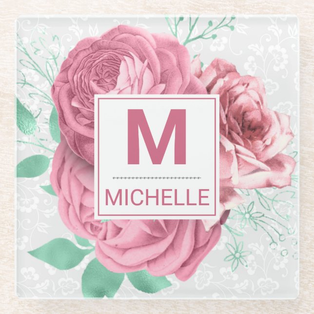 Beautiful Pink Garden Rose Monogram Glasuntersetzer (Vorderseite)