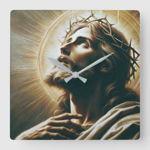 Beautiful Portrait of Jesus wearing the crown Quadratische Wanduhr