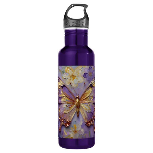 Beautiful Purple Butterfly and Flowers Edelstahlflasche (Vorderseite)