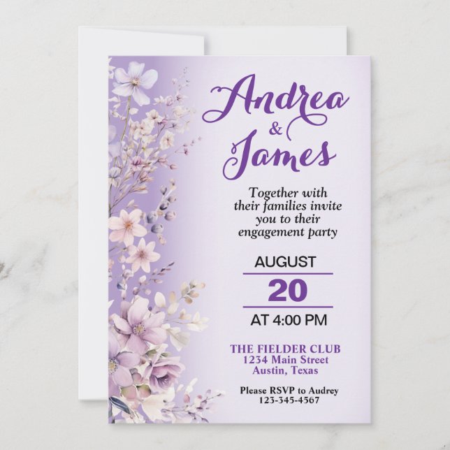 Beautiful Purple Flowers Engagement Party Einladung (Vorderseite)