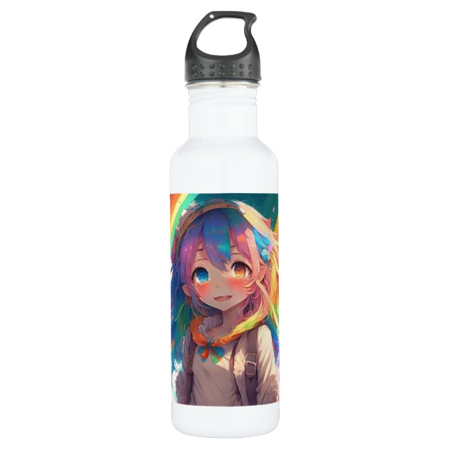 Beautiful Rainbow Anime Girl Edelstahlflasche (Vorderseite)