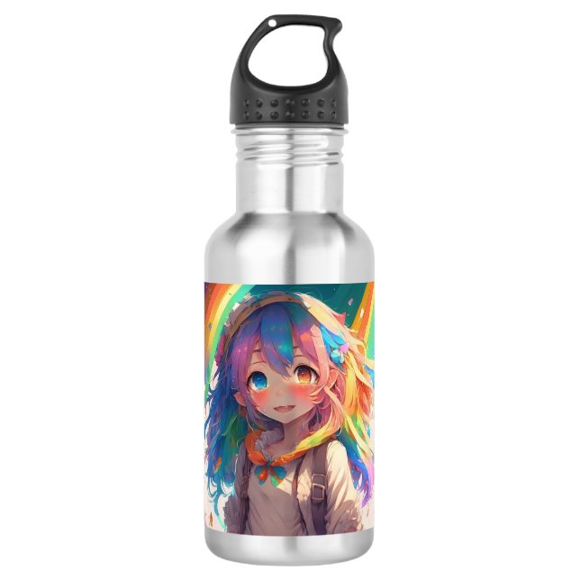 Beautiful Rainbow Anime Girl Edelstahlflasche (Vorderseite)