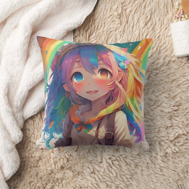 Beautiful Rainbow Anime Girl Kissen (Decke)