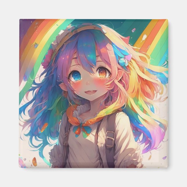 Beautiful Rainbow Anime Girl Magnet (Vorne)