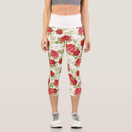 Beautiful Red Floral Rose Pattern Capri Leggings