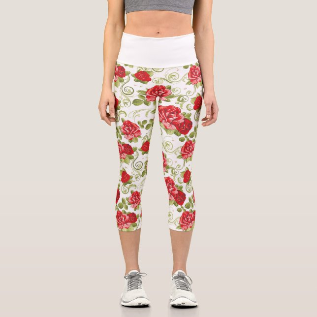 Beautiful Red Floral Rose Pattern Capri Leggings (Vorderseite)