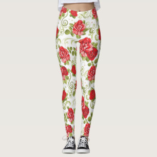 Beautiful Red Floral Rose Pattern Leggings