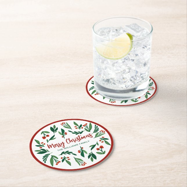Beautiful Red Green Holly Berry Custom Christmas Runder Pappuntersetzer (Vor Ort)