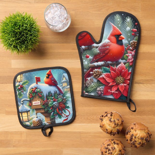 Beautiful Red Winter Cardinals Ofenhandschuh & Topflappen-Set (Oben Unten)