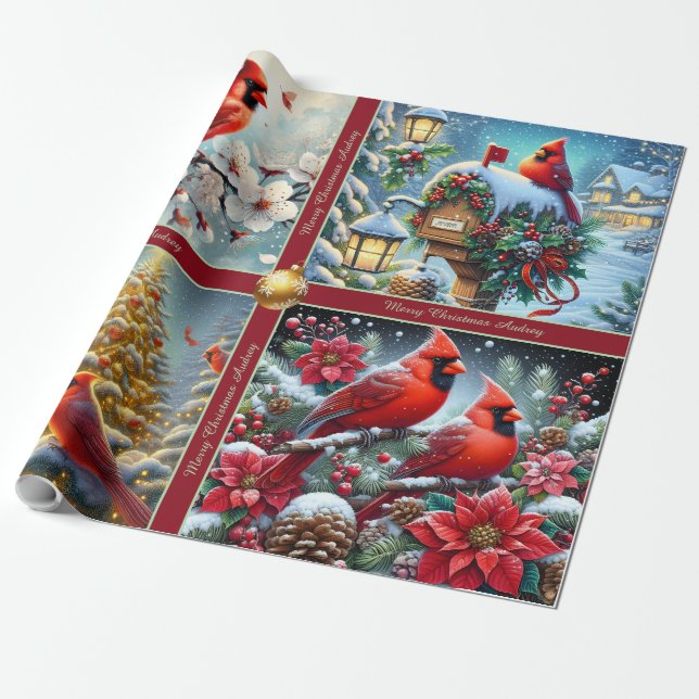 Beautiful Red Winter Cardinals Wrapping Paper Geschenkpapier (Ungerollt)