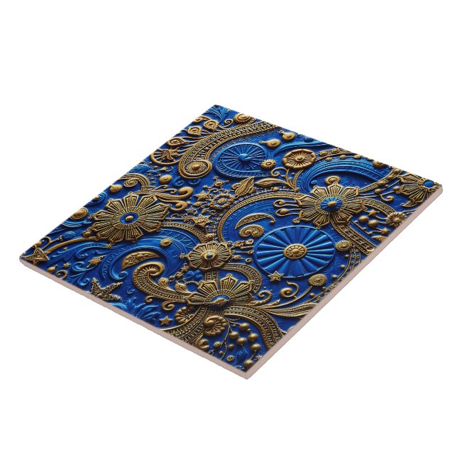 Beautiful Royal Blue & Gold Floral Abstract Fliese (Seite)