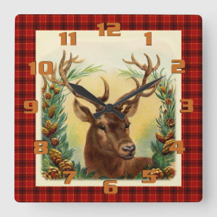 Beautiful Rustic Christmas Deer On Plaid Quadratische Wanduhr