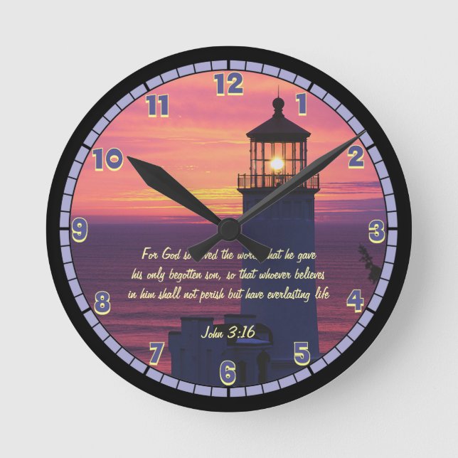 Beautiful Scripture John 3:16 Custom Lighthouse La Runde Wanduhr (Vorderseite)