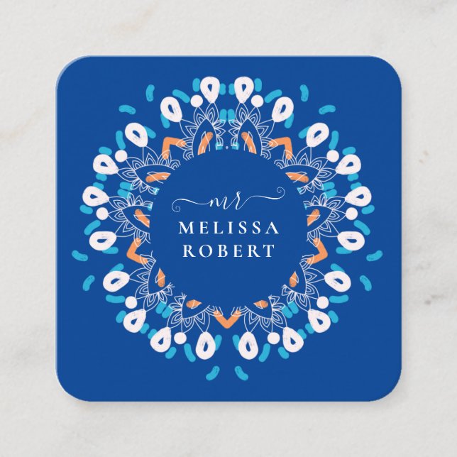 Beautiful Sky Blue Floral Mandala Marble Quadratische Visitenkarte (Vorderseite)