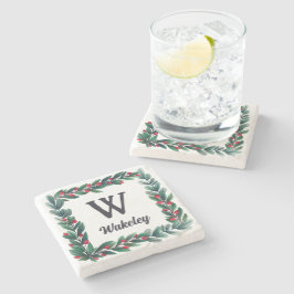 Beautiful Square Christmas Wreath Monogram Steinuntersetzer