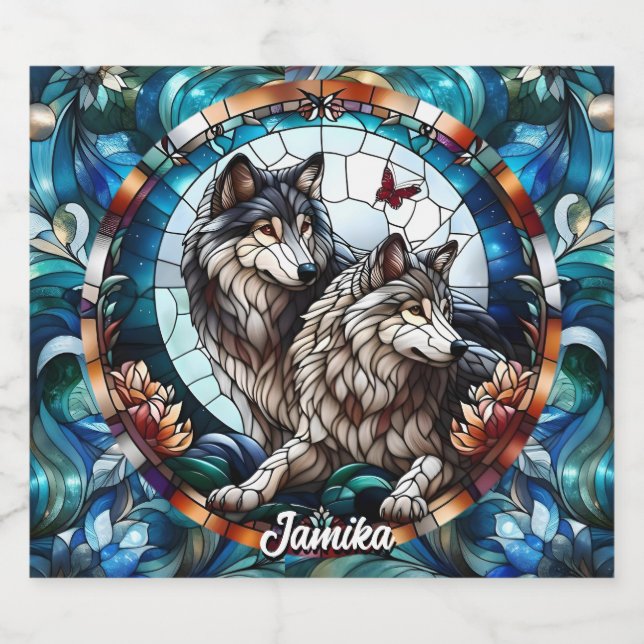 Beautiful Stained Glass Look Wolf Pair Bierflaschenetikett (Einzelnes Label)