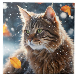 Beautiful Tabby Cat Herbstlaubs Portrait Fliese