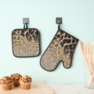Beautiful Trendy Leopard Imitate Animal Print Ofenhandschuh & Topflappen-Set