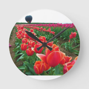 Beautiful Tulip Field with Hot Air Balloons Runde Wanduhr