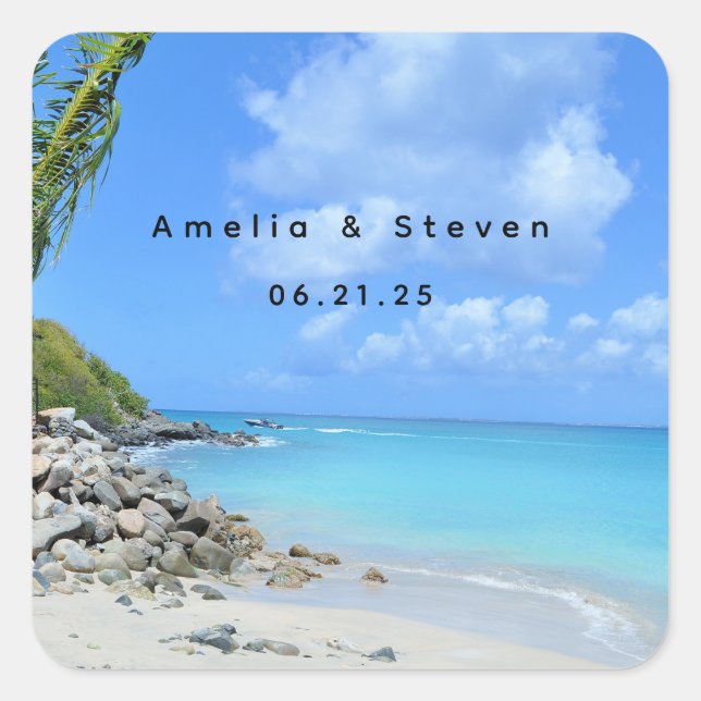 Beautiful Turquoise Tropical Beach  - Wedding Quadratischer Aufkleber (Vorderseite)