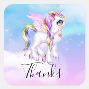 Beautiful Unicorn mit Rainbow Mane Vielen Dank Quadratischer Aufkleber