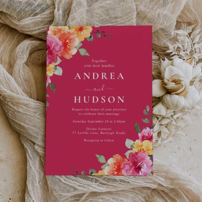 Beautiful Vibrant Pink Watercolor Floral Wedding Einladung (Von Creator hochgeladen)