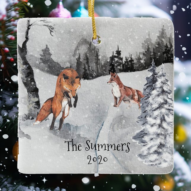Beautiful Watercolor Fox and Snow landscape custom Keramikornament (Von Creator hochgeladen)