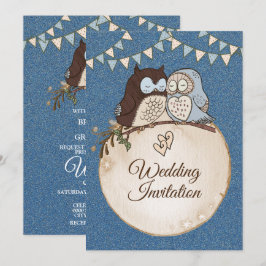 Beautiful Wedding Blue Brown Owl Glitter Einladung
