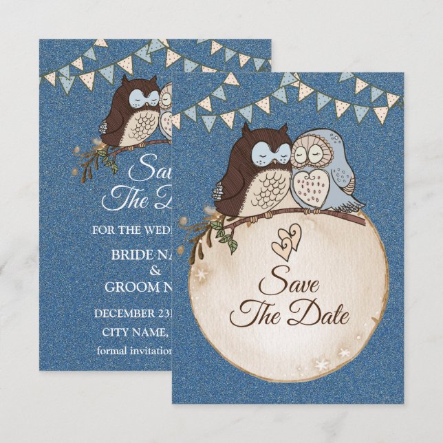 Beautiful Wedding Blue Brown Owl Glitter Save The  Date (Vorne/Hinten)