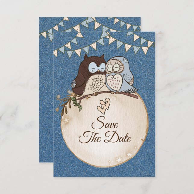 Beautiful Wedding Blue Brown Owl Glitter Save The  Save The Date (Vorne/Hinten)