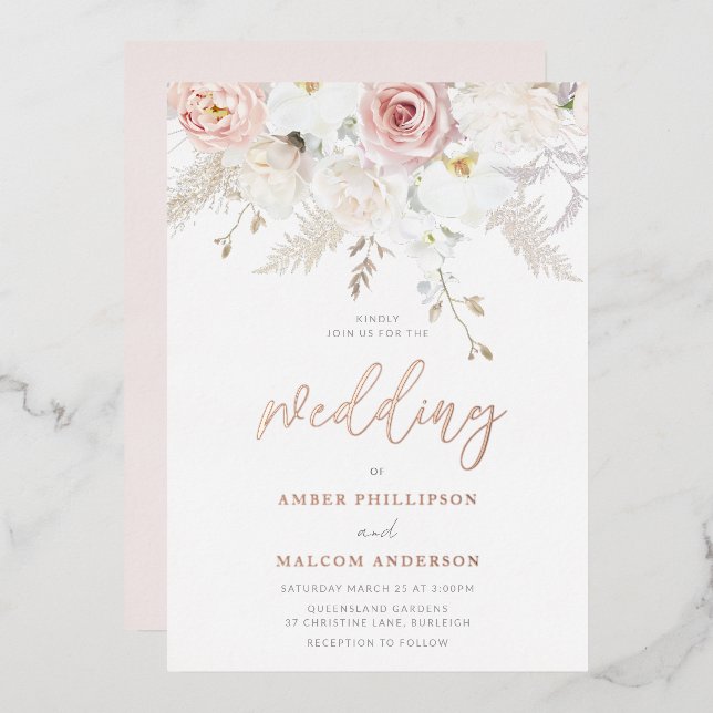 Beautiful Wedding Flowers Real Rose Gold  Folieneinladung (Vorderseite/Rückseite)