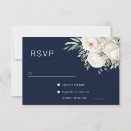 Beautiful White Floral Navy Wedding RSVP Karte