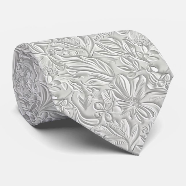 Beautiful White Floral Pattern Faux Leather  Krawatte (Gerollt)