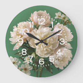Beautiful White & Pink Peonies On Green Background Große Wanduhr