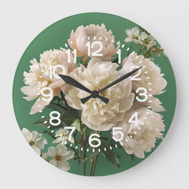 Beautiful White & Pink Peonies On Green Background Große Wanduhr (Vorderseite)
