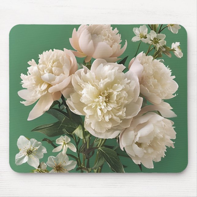 Beautiful White & Pink Peonies On Green Background Mousepad (Vorne)