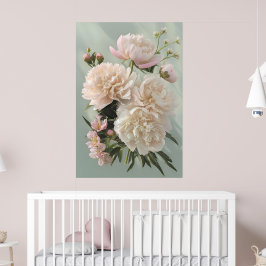 Beautiful White & Pink Peonies On Green Background Poster