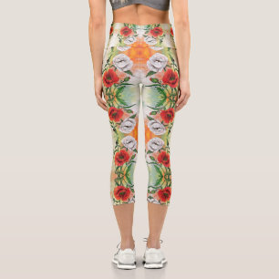 Beautiful White Poppy Capri Leggings
