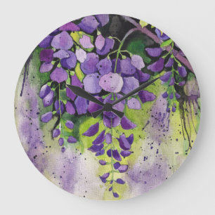 Beautiful Wisteria Flowers In Watercolor   Große Wanduhr