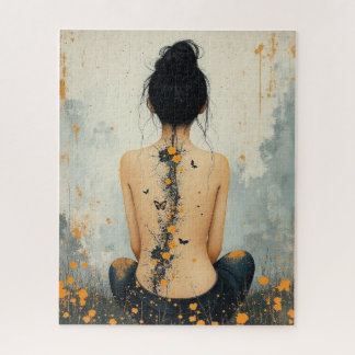 Beautiful Woman, Ink, Wildflowers and Butterflies
