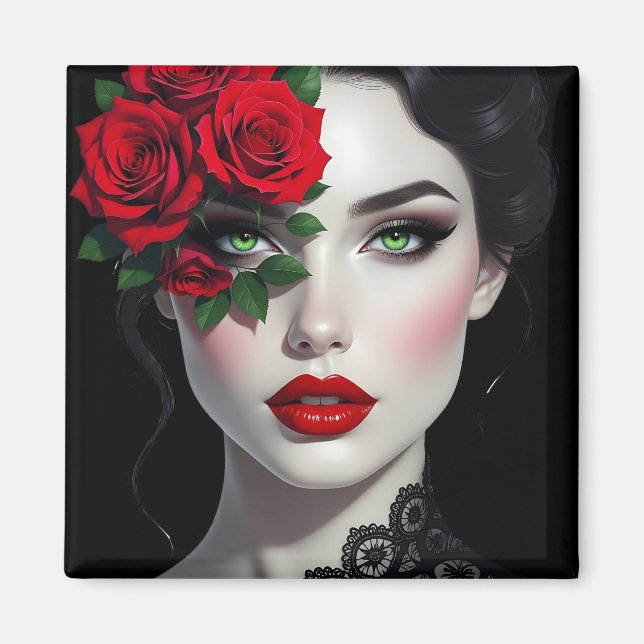 Beautiful Woman with Red Rose Magnet (Vorne)