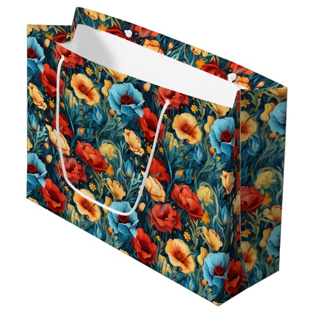 Beautiful Yellow Blue and Red Flowers Pattern Große Geschenktüte (Vorderseite Schrägansicht)