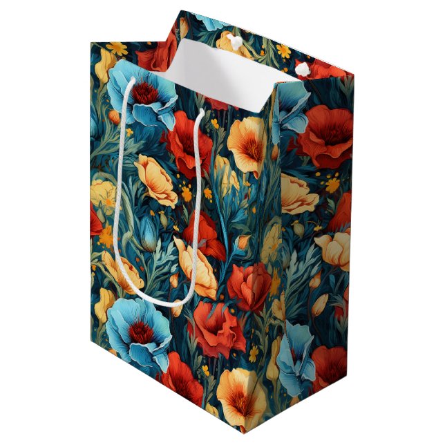 Beautiful Yellow Blue and Red Flowers Wine, Small, Mittlere Geschenktüte (Vorderseite Schrägansicht)
