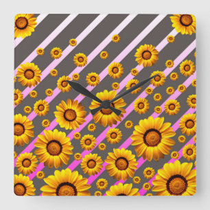 Beautiful yellow flowers on gray, pink stripes quadratische wanduhr